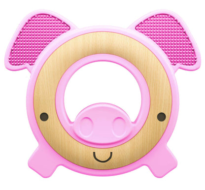 Nuby Natural Wood & Silicone Teether: Pig, 3M+, Pink