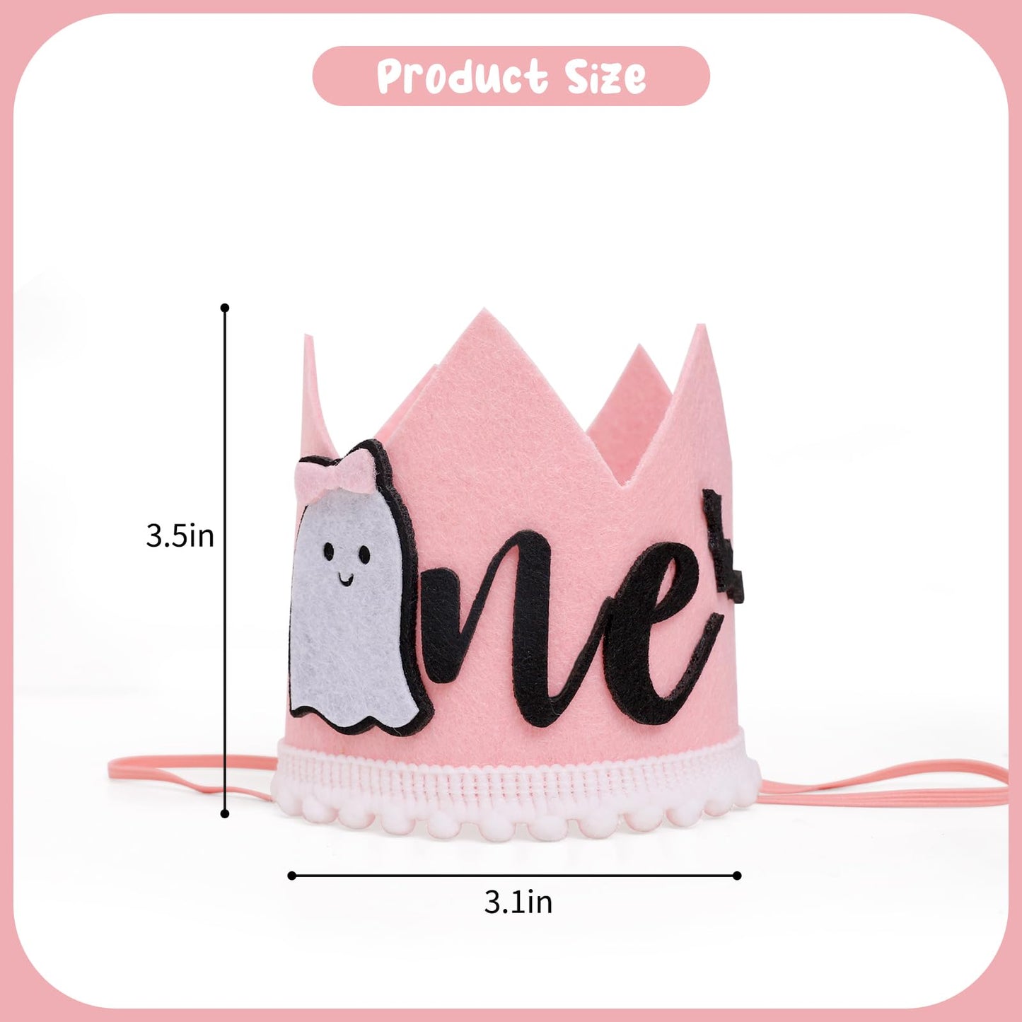 Spooky 1st Birthday Crown - Girl's Pink Ghost Bat Party Hat, Halloween Decorations with Photo Prop