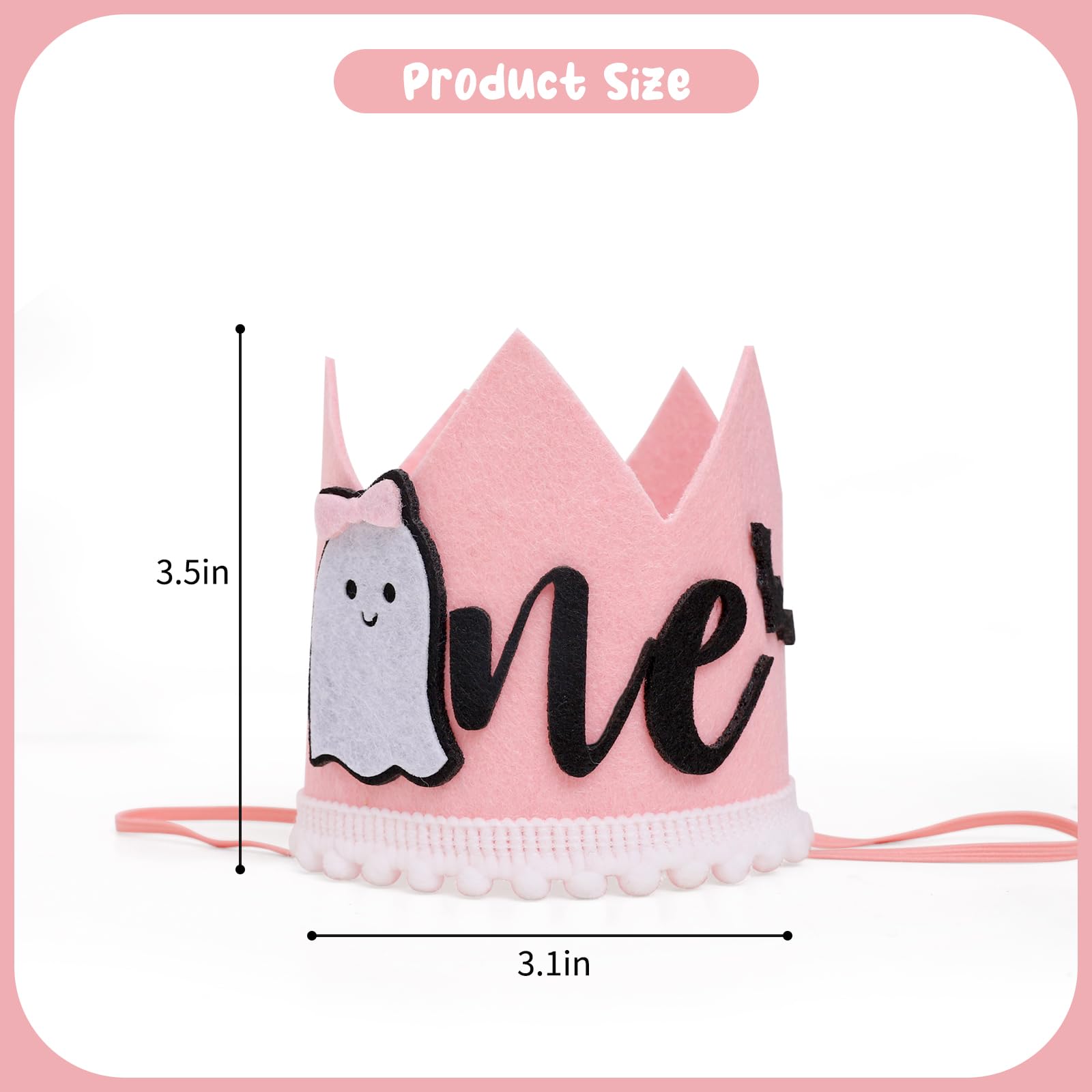 Spooky 1st Birthday Crown - Girl's Pink Ghost Bat Party Hat, Halloween Decorations with Photo Prop