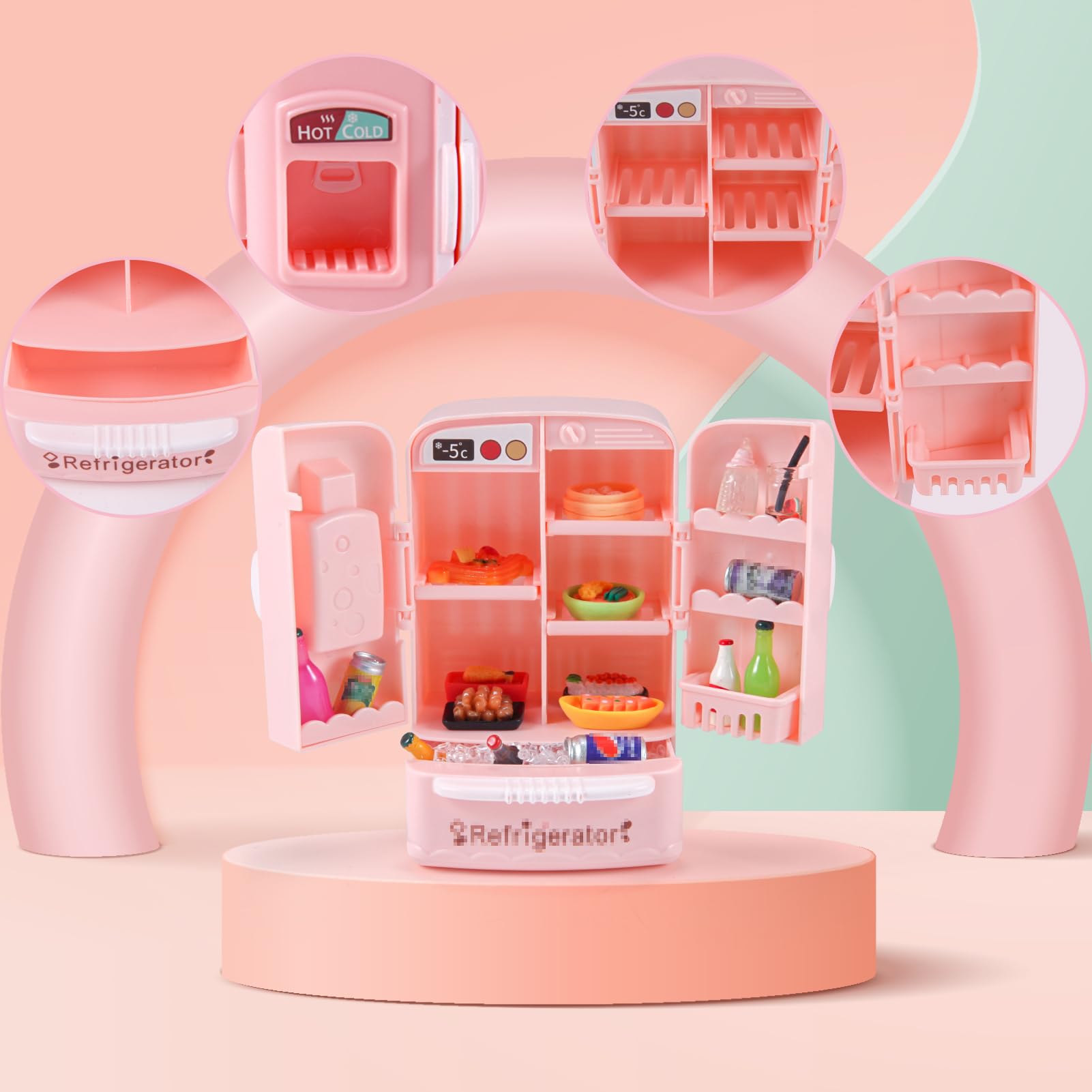 95 Pcs Dollhouse Refrigerator Mini Fridge Table Dining Car Toy with Food Set Kitchen Furniture Miniatures Party Fruits Juice Milk Desserts