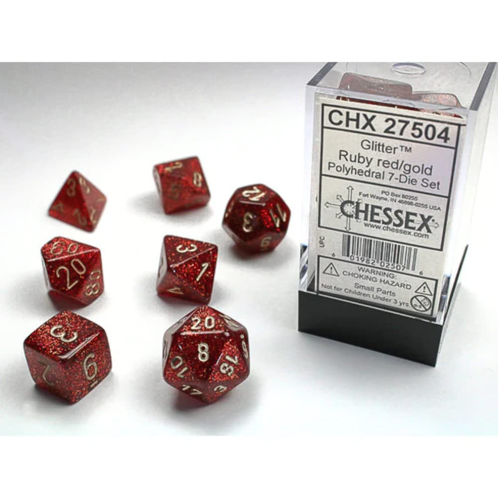 Glitter Polyhedral Ruby/Gold 7-Die Set, Ruby Red/Gold
