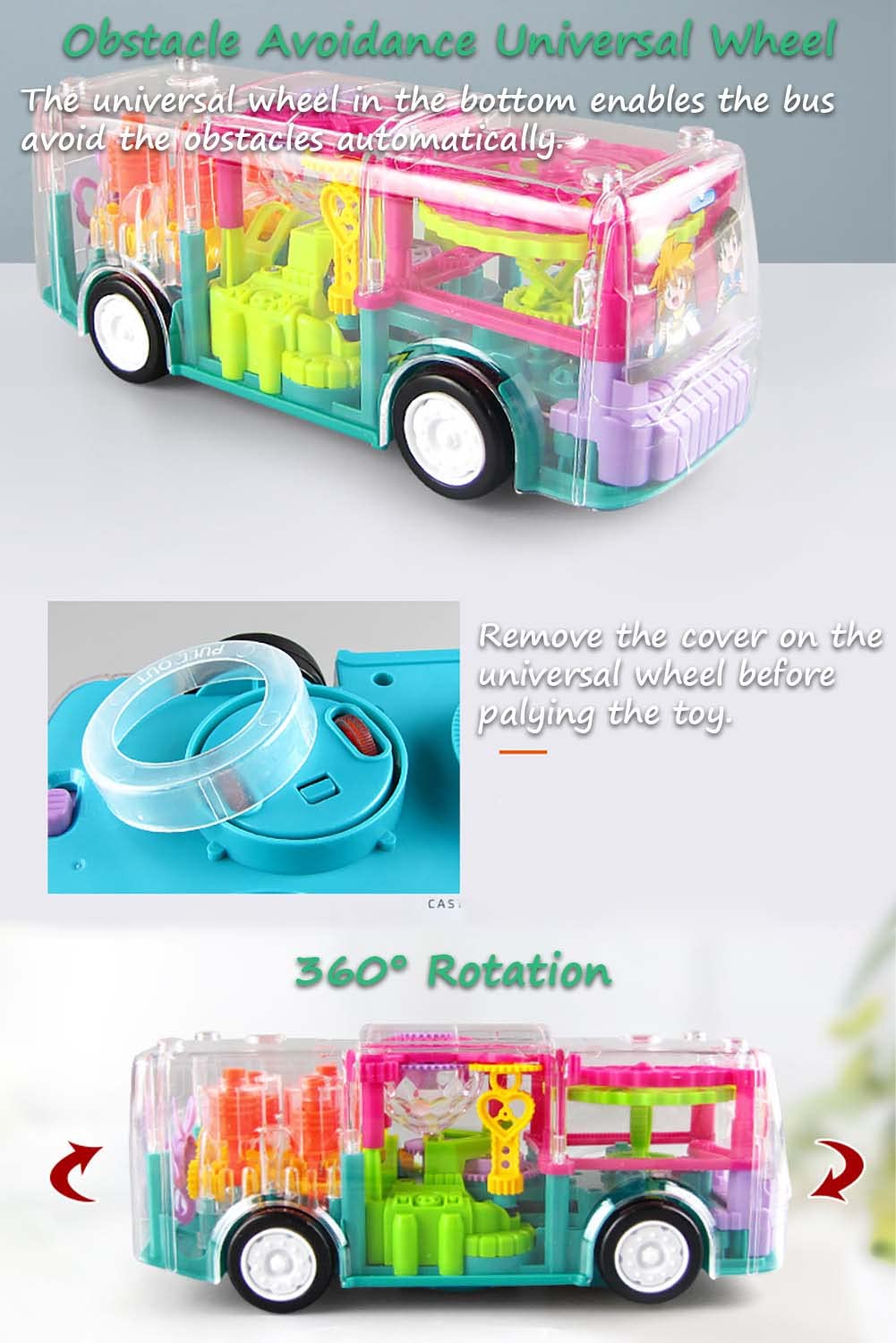 Miracland Transparent Mechanical Gear Bus - Electronic Vehicle With Universal Wheels, Lights, and Music - STEM Concept Racer Car Toy