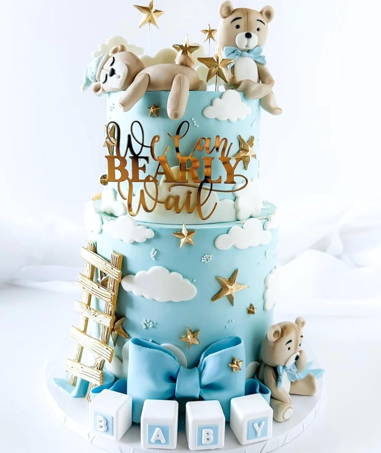 "We Can Bearly Wait" Baby Shower Cake Topper, Gold Acrylic Bear Theme Party Cake Topper, Welcome Baby,Pregnancy Announcement,Baby to Be for Baby
