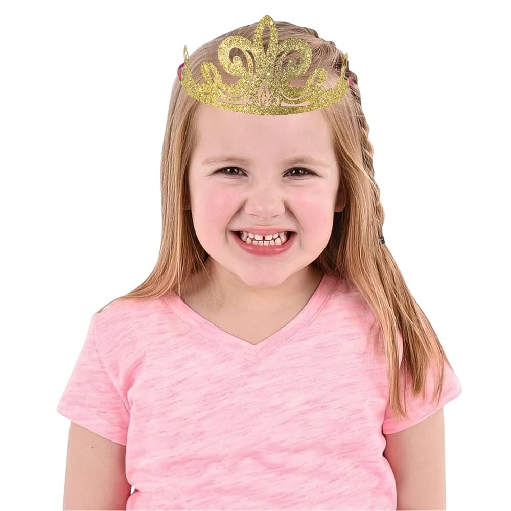 Disney Princess Glitter Paper Tiaras - 3.5" x 6.2" (Pack of 8) - Gold Paper Royalty Crown Accessory, Perfect for Kids Parties and Dress Up Fun