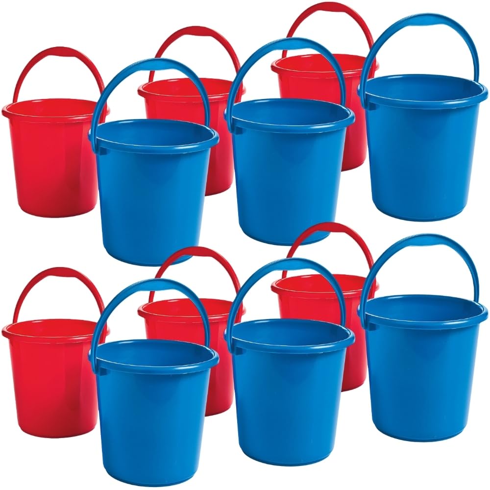 Fun Express Sand Toys for Toddlers 1-3 - Patriotic Red and Blue Plastic Buckets with Handles Set of 12 - Beach Toys for Kids Sand Castle Molds Beach