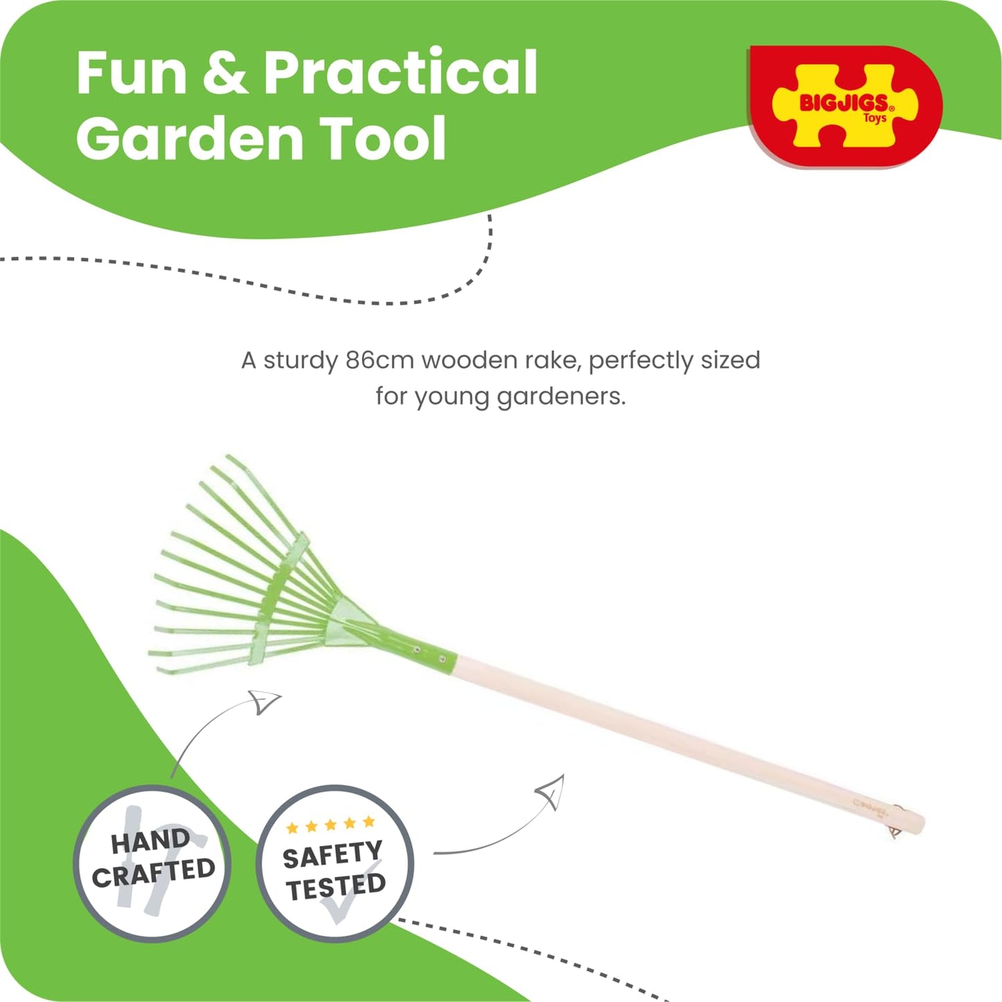 Bigjigs Toys Children's Long Handled Gardening Leaf Rake with Wood Handle