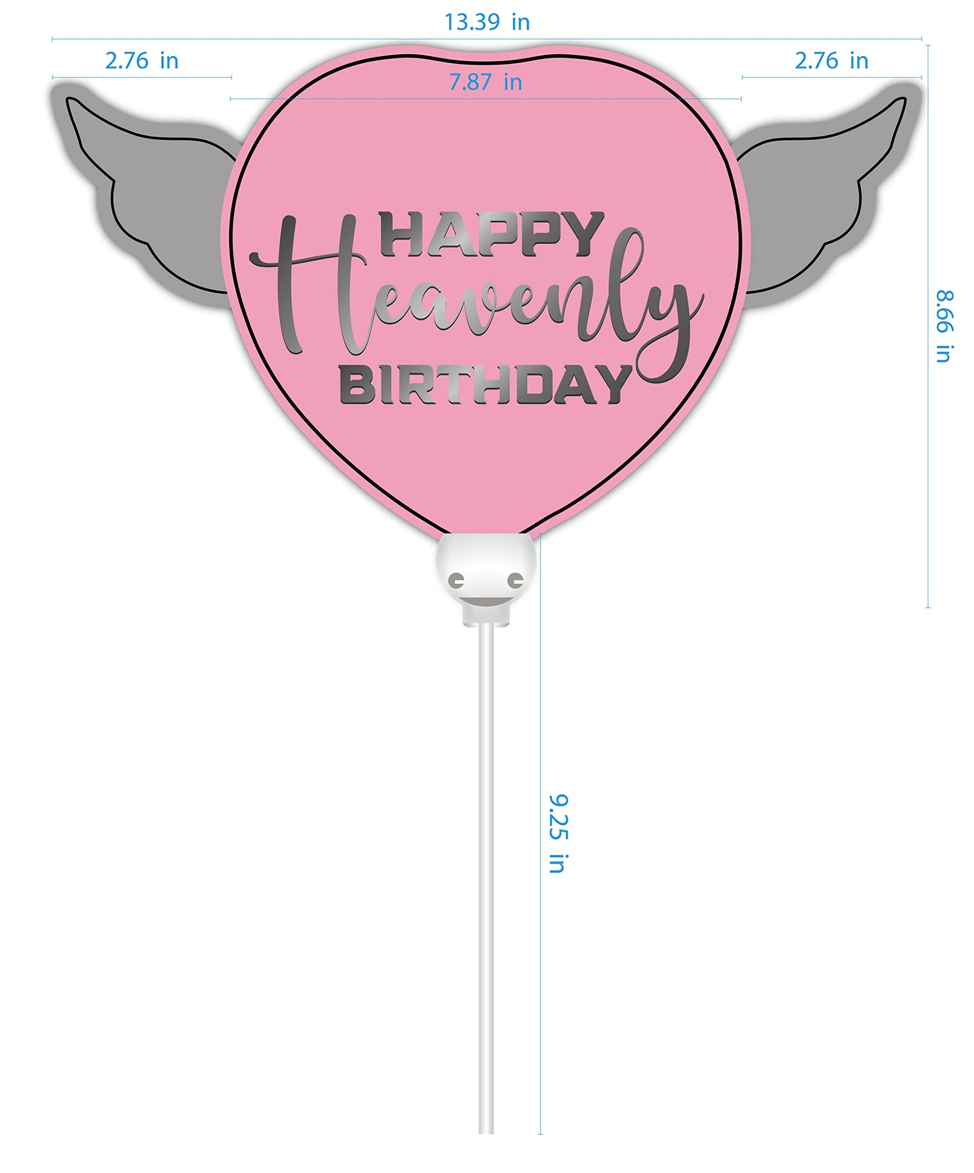 Pink Happy Heavenly Birthday Heart Balloon on a Stick with Angel Wings - Memorial & Remembrance