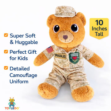 Toyledo Sergeant Snuggles Military Teddy Bear Plush, 10-Inch Soft Stuffed Animal, Camo Uniform Comfort Gift for Kids, Military Families, Veterans