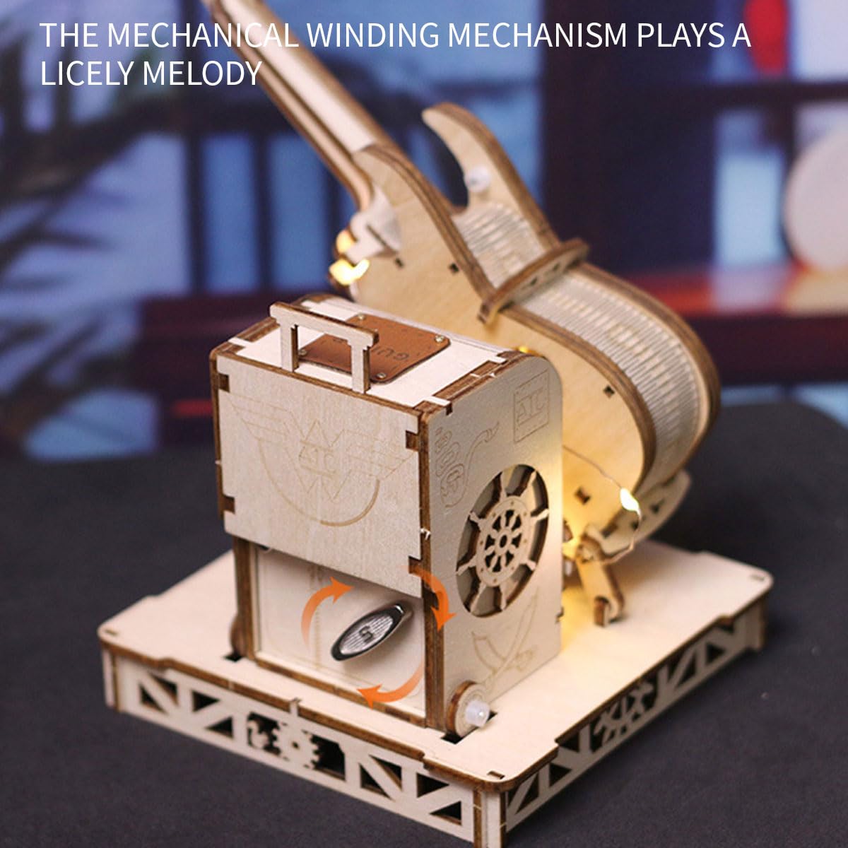 URFunModel 3D Wooden Puzzle for Adults, Mechanical Transmission Guitar Music Box Wooden Model Kit to Build, 150PCS DIY Assembly Steampunk Puzzle Craft