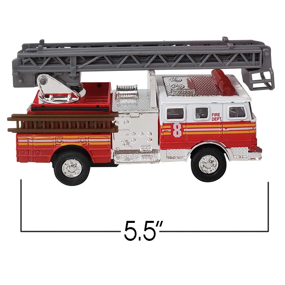 ArtCreativity 5.5 Inch Fire Truck Toys - Set of 2 - Pull Back Firetruck Toys 3-5 Years Old Boys and Girls - Includes Metal Ladder Truck and Fire