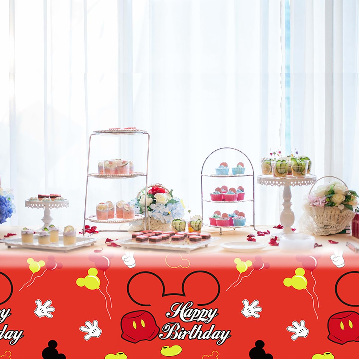 SHONHONG 2pcs Red Cartoon Mouse Party Tablecloth,Red Mouse Theme Birthday Decoration