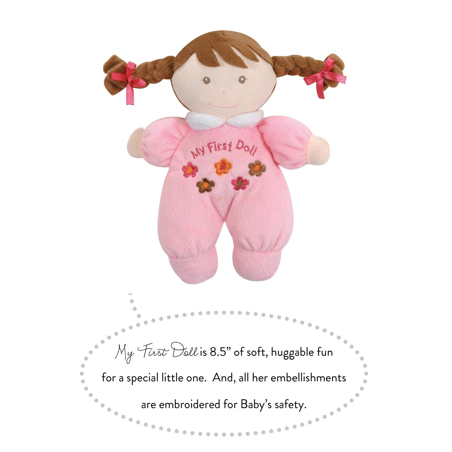 Stephan Baby Soft Plush My First Doll with Fair Complexion and Brown Hair, Pastel Pink