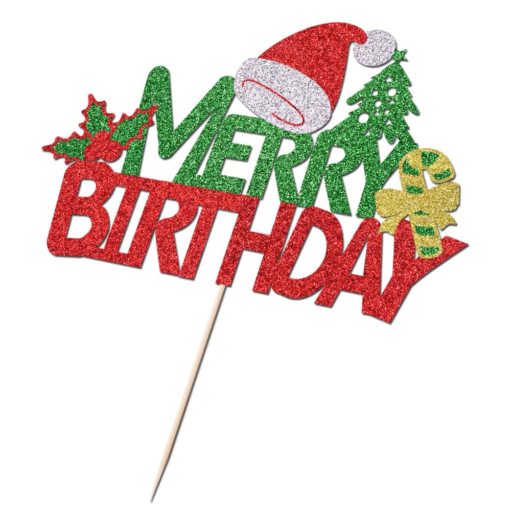 Naicaek Merry Birthday Cake Topper,Christmas Holiday Party Supplies
