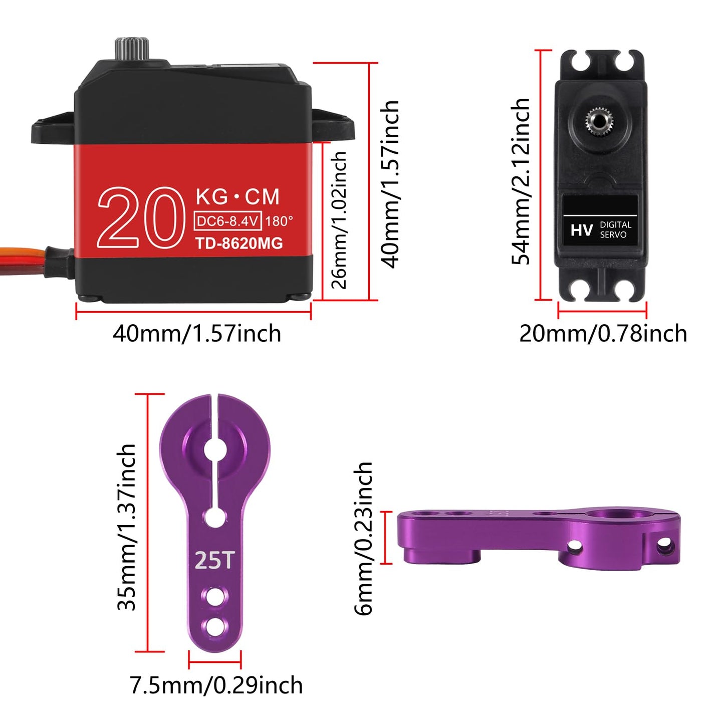 DWEII 2PACK 20KG RC Servo High Torque Servo Motors,Waterproof Metal Gear Steering Servo for 1/8 1/10 RC Car Robot DIY, Digital Servo with 25T Servo