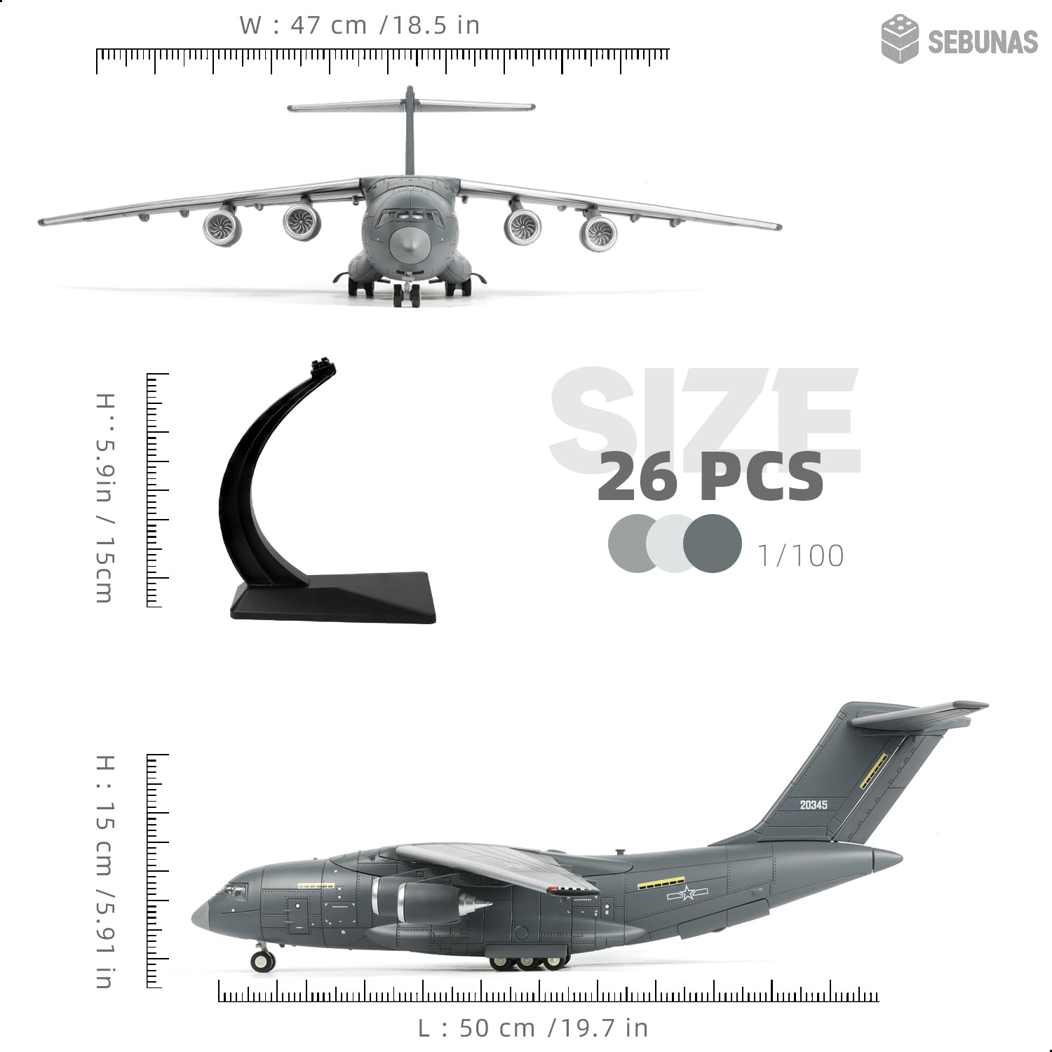 SEBUNAS 1:100 Scale Y-20 Transport Aircraft Quick Assembly Model Kit, Plastic Y-20 Fun Toy Airplane Assembly Model with Stand Kids Gift Suitable