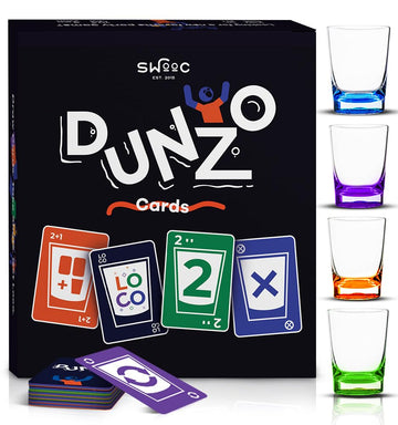 SWOOC DUNZO - Hydrating Version of Classic Card Game with 4 Unbreakable Glasses - Draw Two, Skip, Reverse, Get Loco - Fun Party Game & Funny Gifts