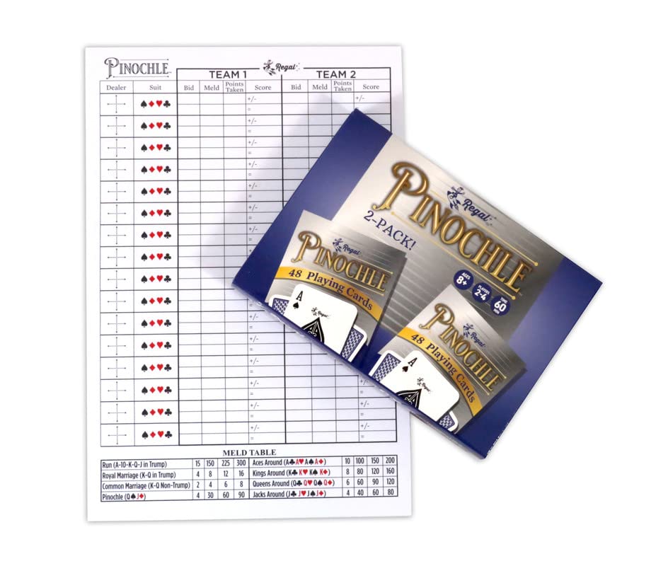 Regal Games Pinochle Playing Cards 2 Pack - Adult Card Game Set with Score Sheets & 2 Deck of Pinochle Cards - Family Fun Game Night - Ideal for 2-4
