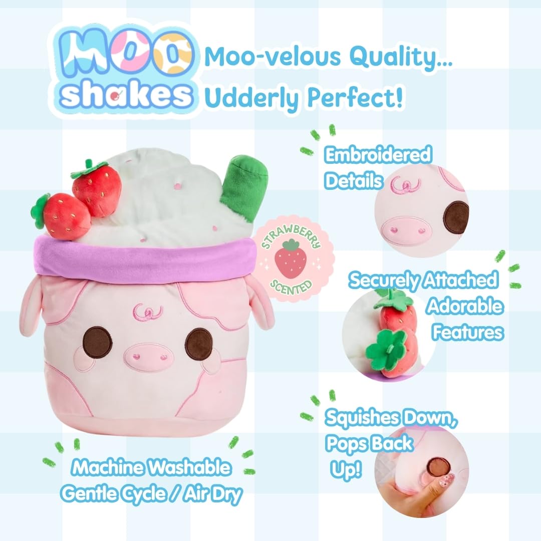 Cuddle Barn PlushGoals - Strawberry Mooshake Cute Kawaii Cow Stuffed Animal - Super Soft Squishy Milkshake Dessert Scented Collectible Toy Drink