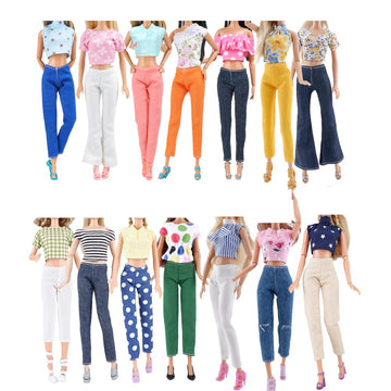 E-TING Lot 10 Items = Random Style 5 Sets Doll Clothes Casual Wear Outfit Tops + Pants with 5 Pair Shoes Accessories for 11.5 Inch Doll