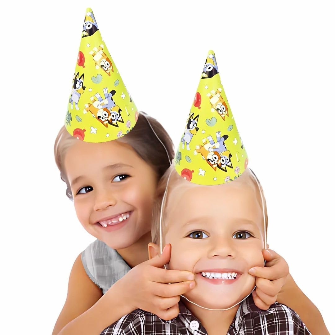 Unique Multicolor Bluey Party Hats - 8 Count | Vibrant Paper Hats with Unique Bluey Designs - Perfect for Kids' Birthdays & Celebrations, One Size