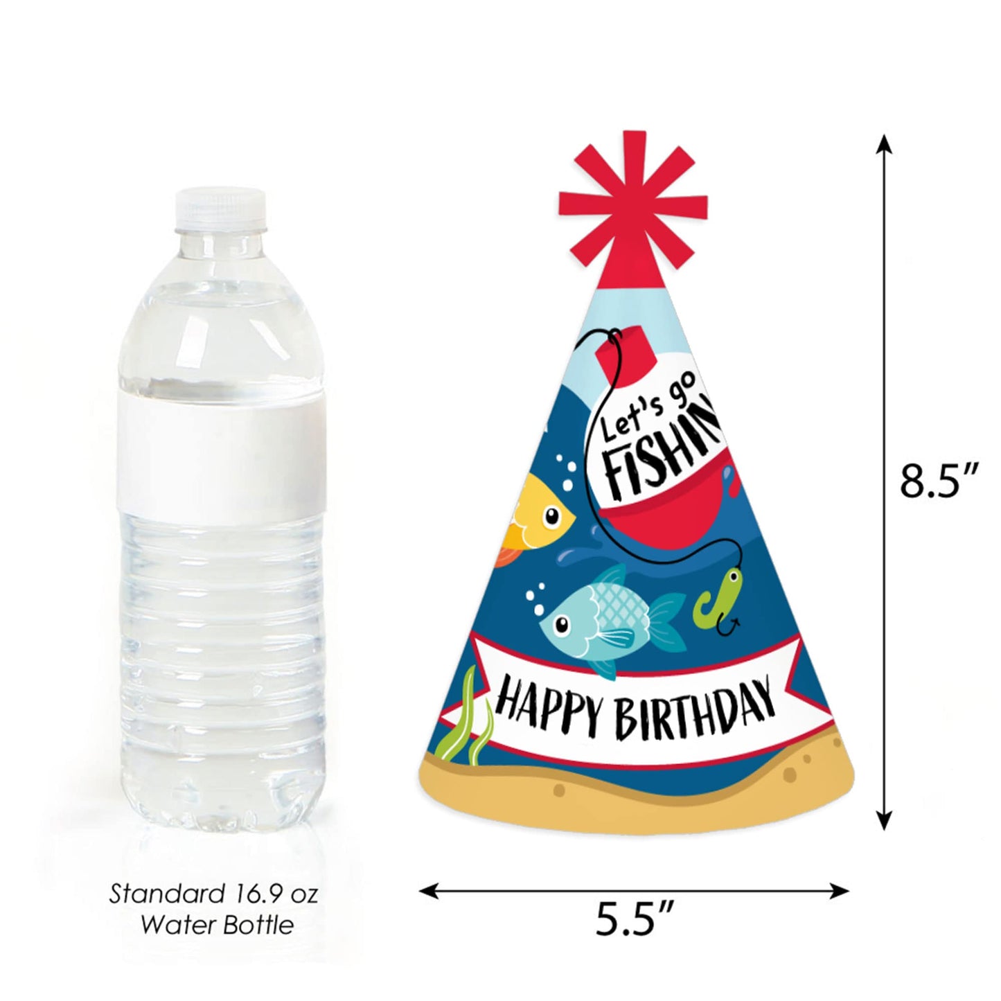 Big Dot of Happiness Let’s Go Fishing - Cone Happy Birthday Party Hats for Kids and Adults - Set of 8 (Standard Size)