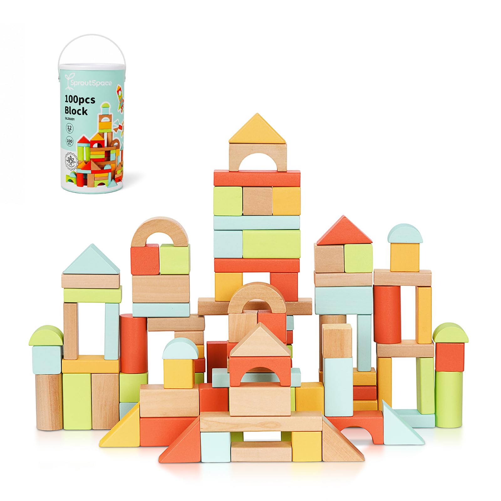 SproutSpace 100pcs Building Blocks for Toddlers 1-3, Wooden Blocks for Kids with Storage Bucket and Shape Sorter, Stacking Toys or 1 2 3 Year Old