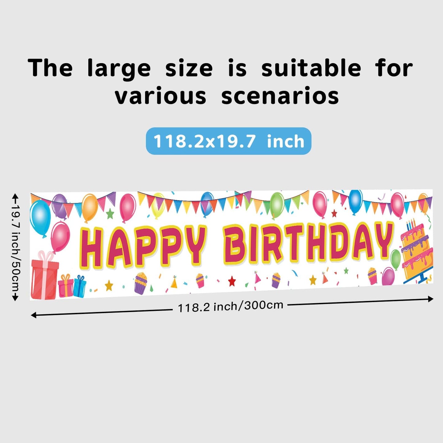 Happy Birthday Banner 118"x20" - Extra Large Reusable Yard Sign, All-Weather Indoor/Outdoor Birthday Decorations for Boys & Girls Party Supplies