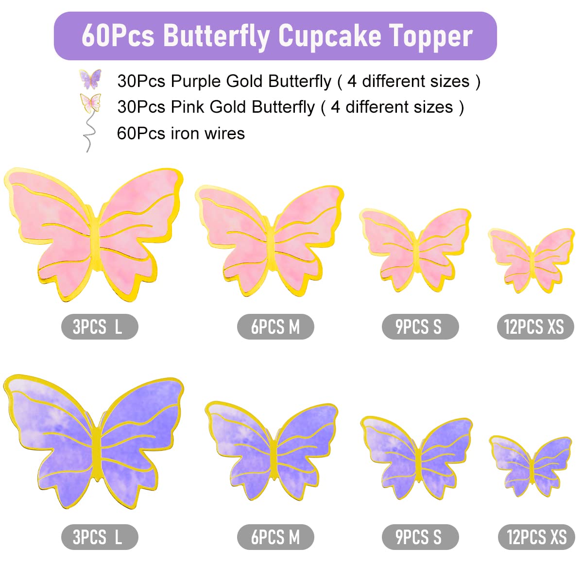 60Pcs Butterfly Cupcake Topper Pink Purple Gold Butterflies