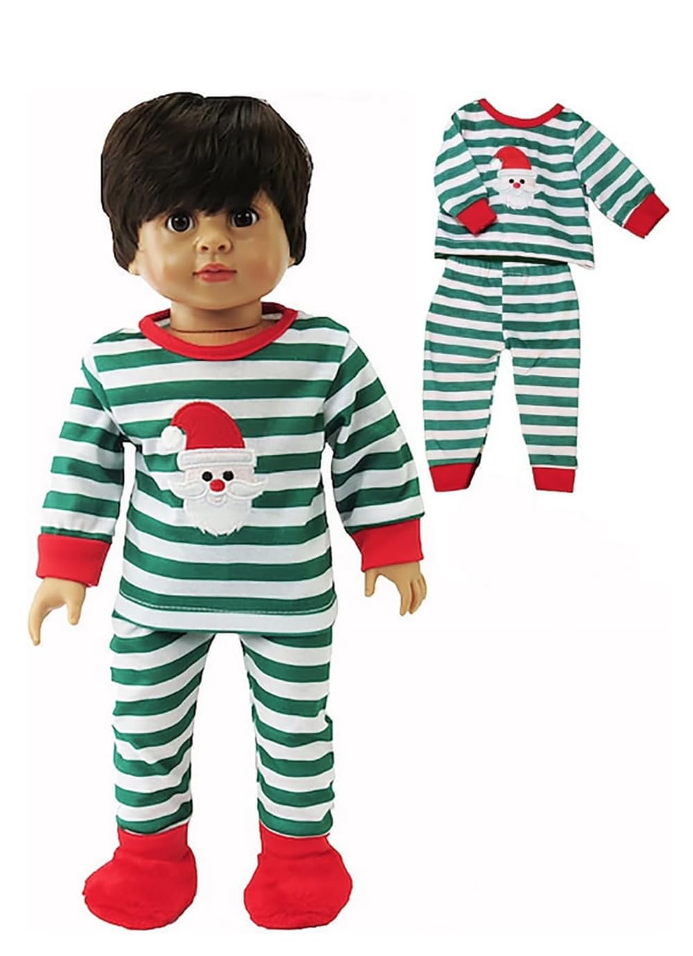 American Fashion World Green & White Striped Santa Pajamas for 18 Inch Dolls - Christmas Onesie Sleepwear
