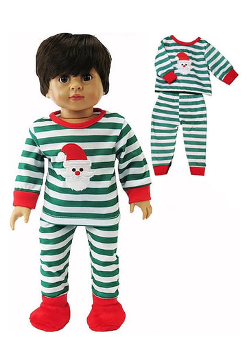 American Fashion World Green & White Striped Santa Pajamas for 18 Inch Dolls - Christmas Onesie Sleepwear
