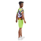 Barbie Fashionistas Ken Doll #123, Broad with Black Curly Hair Wearing Multi-Colored Camo Print Shirt, Neon Green Shorts & Silvery Sneakers