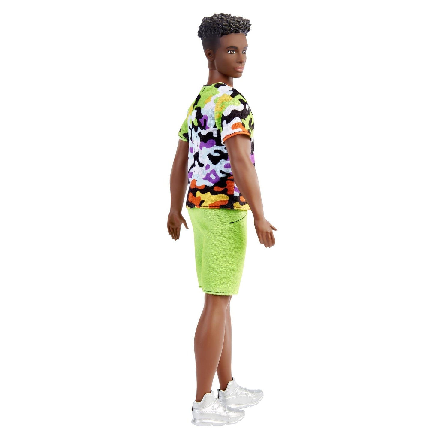 Barbie Fashionistas Ken Doll #123, Broad with Black Curly Hair Wearing Multi-Colored Camo Print Shirt, Neon Green Shorts & Silvery Sneakers