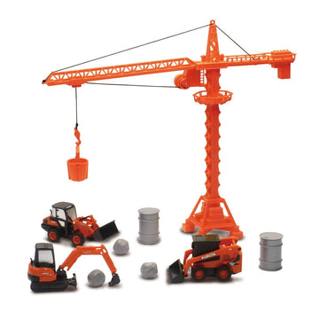 New Ray Kubota Die-Cast Construction Vehicles Set, Plastic Engineering Toys Playset Includes Steer Loader, Mini Excavator, Wheel Loader, Oil Drums