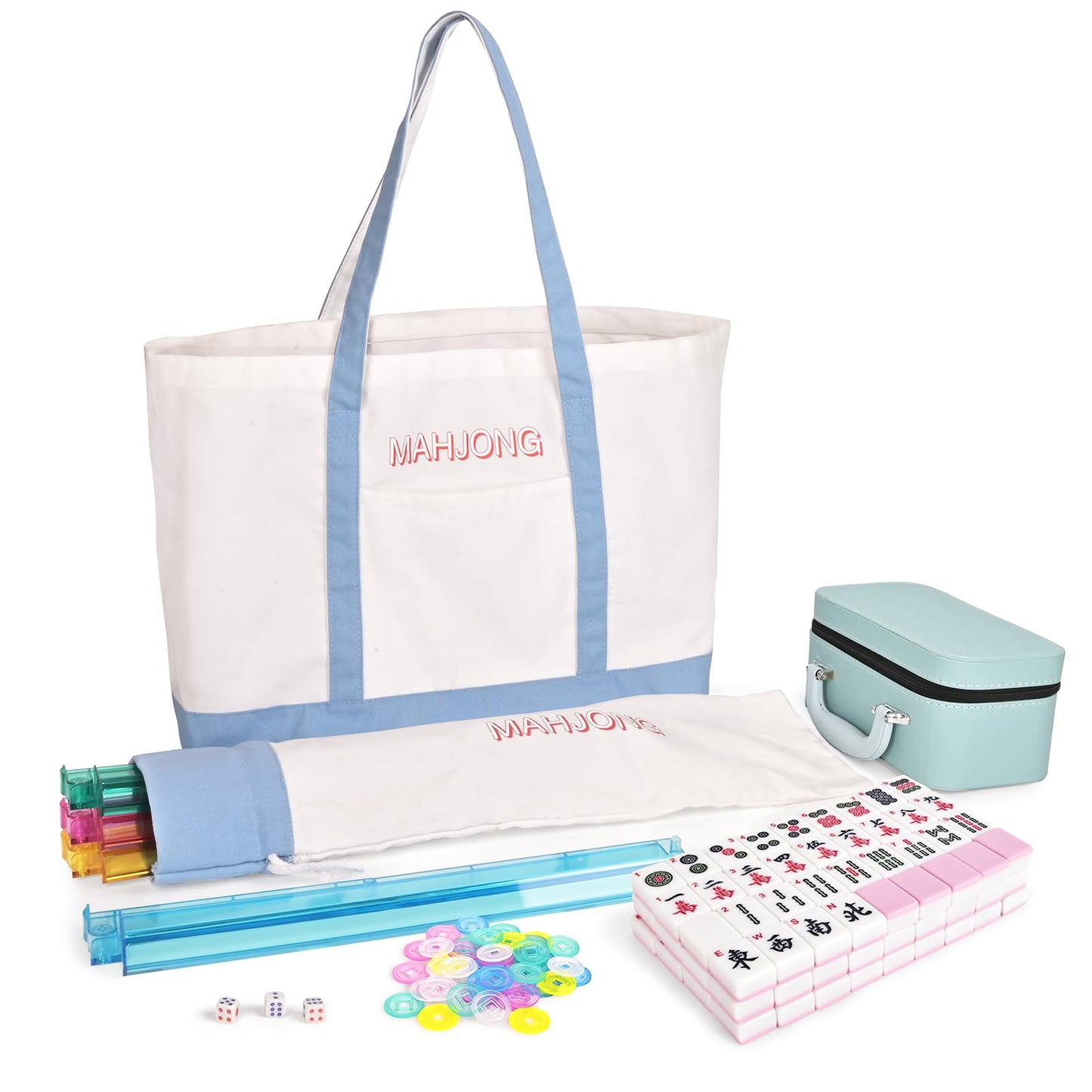 TheClouds American Mahjong Tile Set, 166 Pink Tiles (1.16"), 4 PC All-in-One Color Rack/Pushers, Canvas Storage Bag and Mahjong Accessories