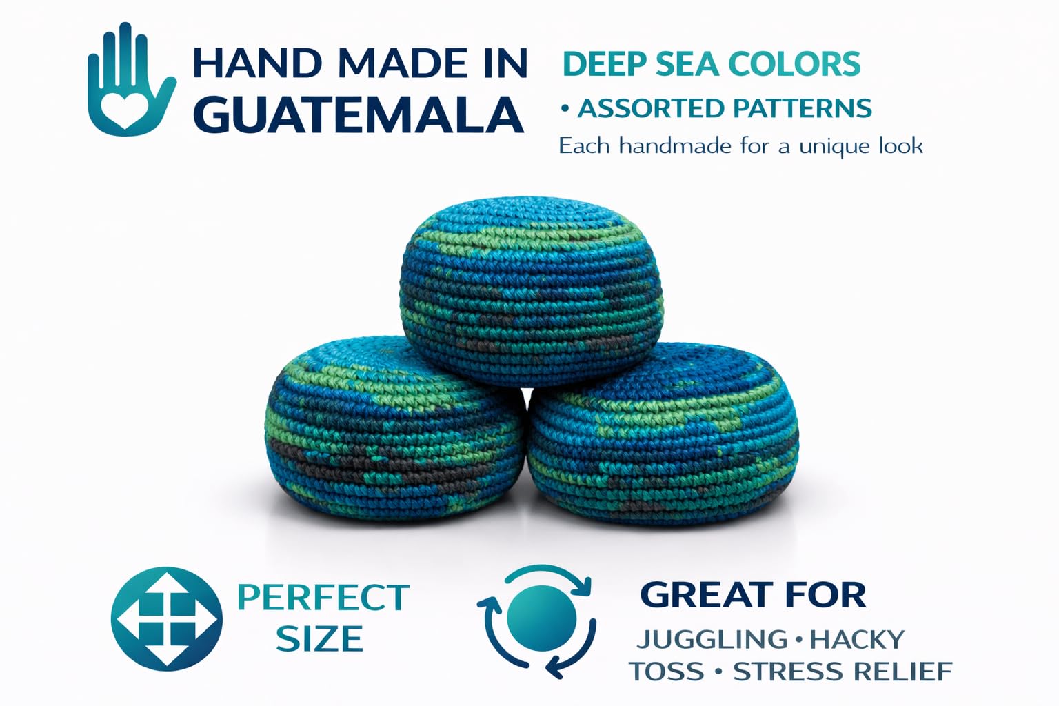 Funny Guy Mugs Footbag Balls 3 Pack Handmade Crocheted Kick Toss Balls from Guatemala Assorted Patterns Deep Sea