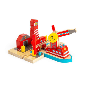Bigjigs Rail Fire & Sea Rescue | Wooden Train Set Accessories | Emergency Services Toys | Expansion Pack for Wood Railway Track | Includes Crane