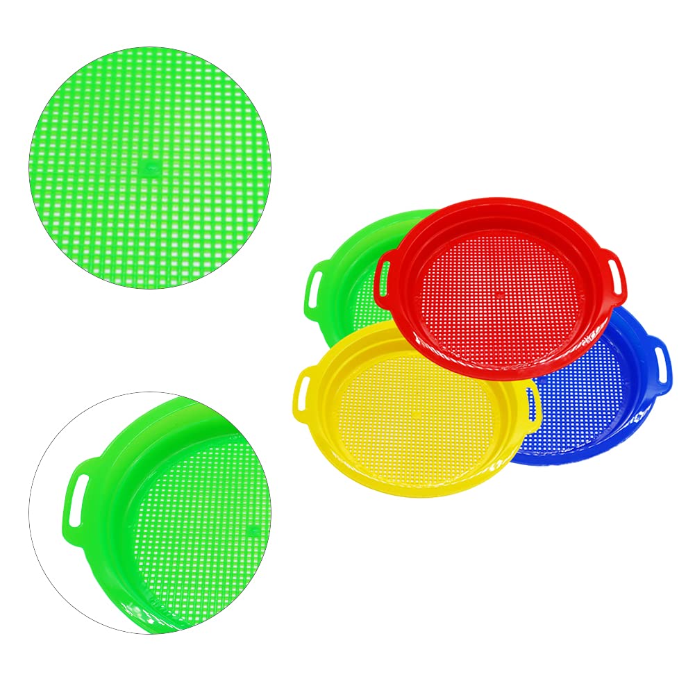 OJYUDD 4 Pack Sand Sifter Sieves for Adults, Plastic Sand Sifting Pans for Beachcombing, Gardening, Gold Panning & Outdoor Exploration (Red, Blue
