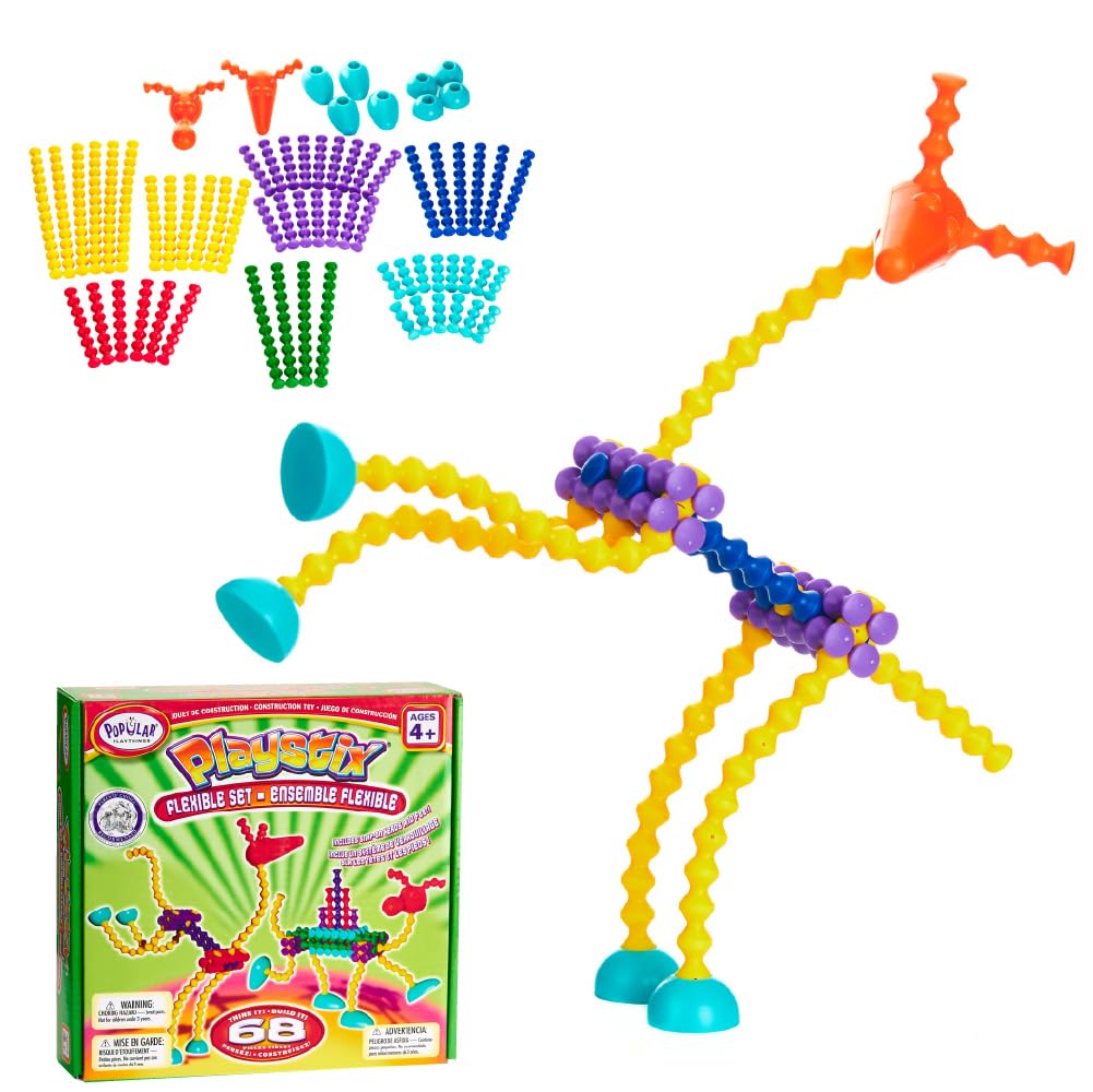 POPULAR PLAYTHINGS Playstix, Building Sticks Kit for Kids, Construction Stem Building Toy Gift for Boys & Girls - Flexible Set 68 Piece