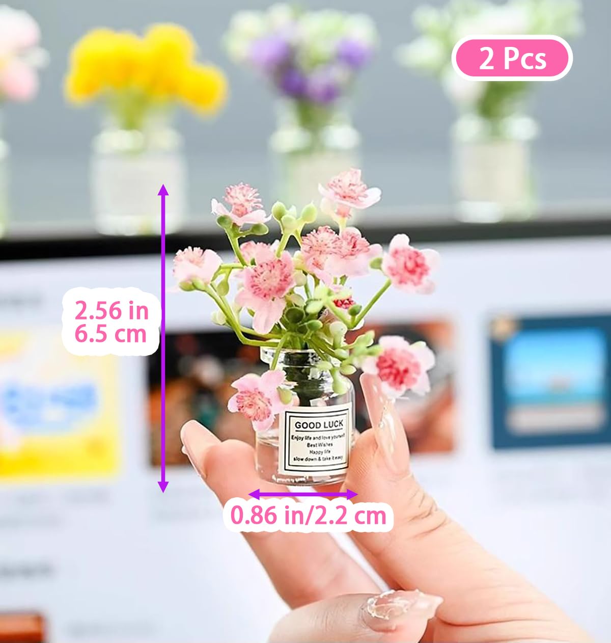 2 Pcs Miniature Flower Vases with Peach Blossoms - Handmade Dollhouse Vases for Micro Landscape, Resin Floral Decorations for Fairy Garden Scenes,Car