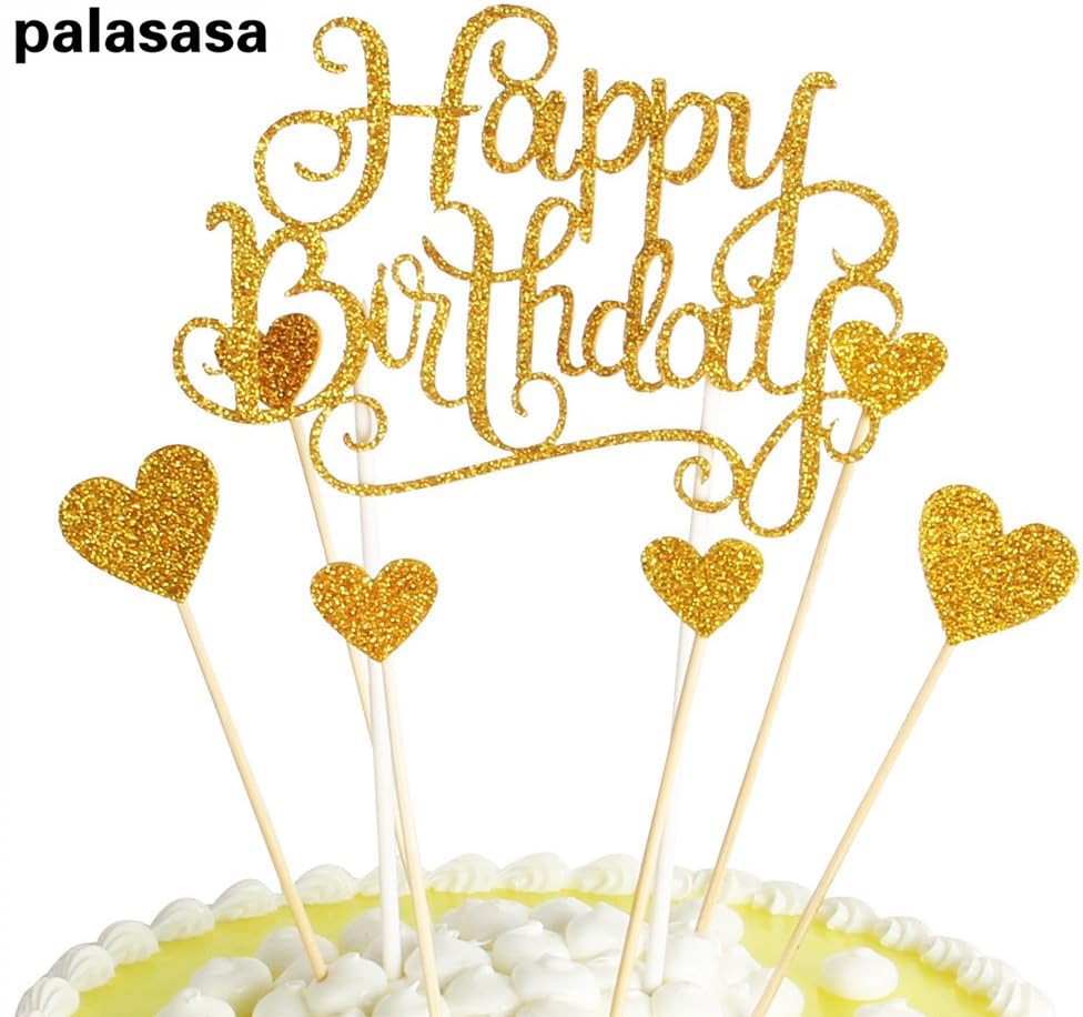 PALASASA Gold Glitter Happy Birthday Cake Toppers 7Pcs Heart Party Decor