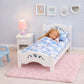 Dollhouse White Wooden Bed with Blue Bedding, 1:12 Scale Realistic Bedroom Furniture for 6 Inch Dolls