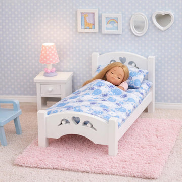 Dollhouse White Wooden Bed with Blue Bedding, 1:12 Scale Realistic Bedroom Furniture for 6 Inch Dolls