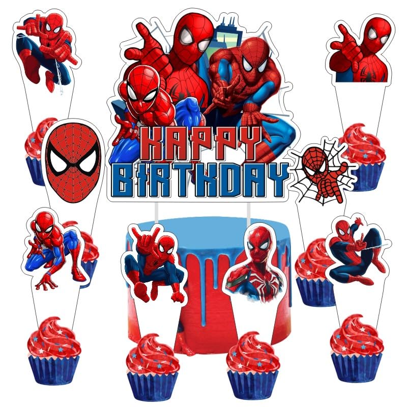 25pcs Spider Cake Decorations with 1pcs Cake Topper, 24pcs Cupcake Toppers for Spider Birthday Party Supplies