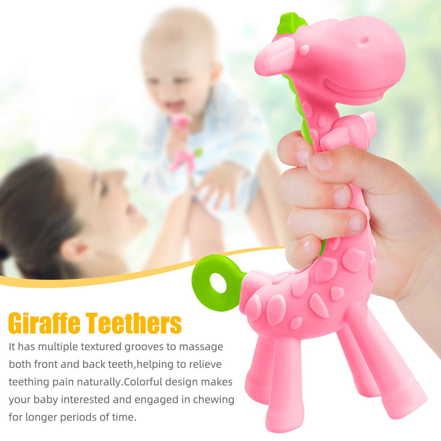 SHARE&CARE BPA Free Silicone Giraffe Baby Teether Toy with Storage Case, for 3 Months Above Infant Sore Gums Pain Relief and Baby Shower, Baby