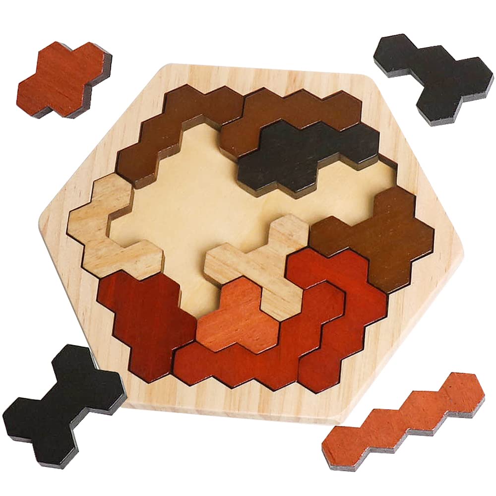 Skrtuan Wooden Hexagon Puzzle for Kids & Adults, Montessori STEM Educational Toy with Colorful Shapes, Logic IQ Brain Teaser Game for Kids, Geometry