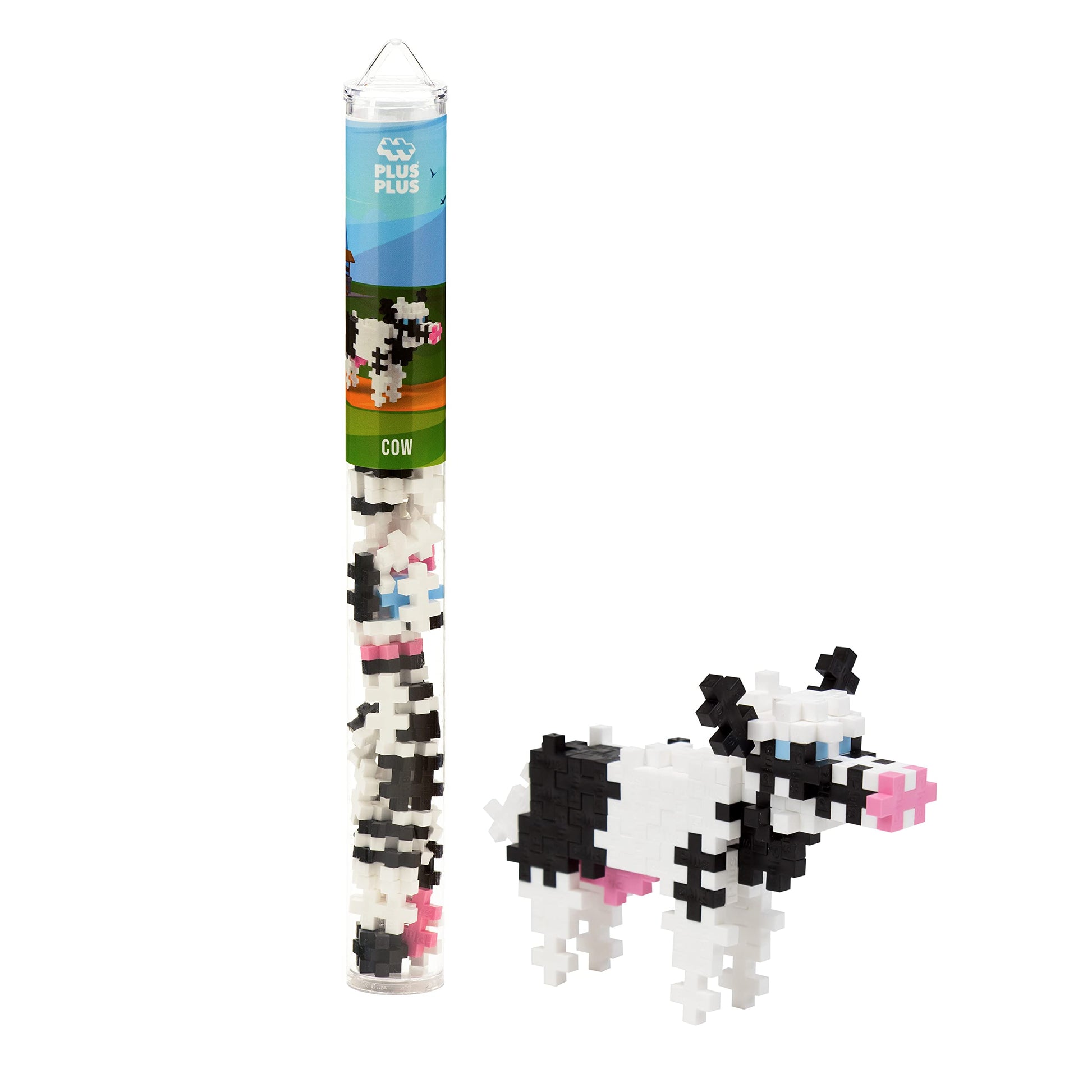 Plus Plus 3D Animal Figurine Building Block Set, 70 Mini Interlocking Puzzle Pieces, Fun Stem Toys for Kids - Cow Mini Maker Tube