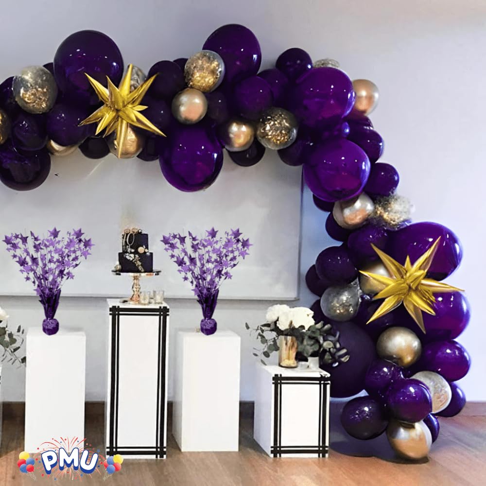 PMU 3 Pack Bursting Star Metallic Foil Spray Centerpiece- Purple Prismatic Balloon Weights, Party Table Decorations Centerpiece for Birthdays