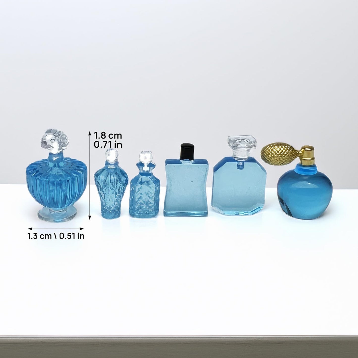 1/12 Scale Miniature Cosmetic Set: 6 Realistic Perfume Bottles for Dollhouse Bathroom & Crafts (Blue)