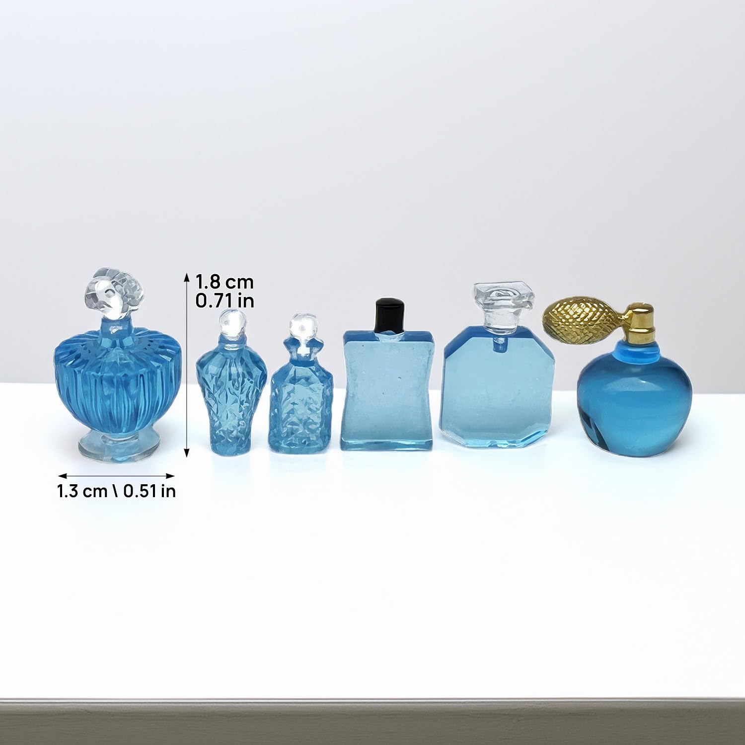 1/12 Scale Miniature Cosmetic Set: 6 Realistic Perfume Bottles for Dollhouse Bathroom & Crafts (Blue)