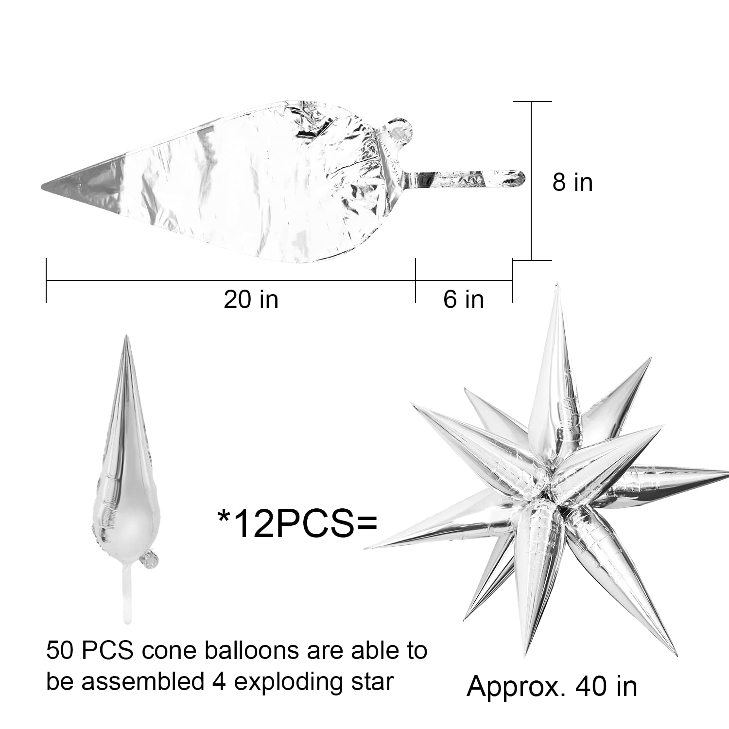 Maylai 50 PCS 40'' Large Silver Star Balloons Big Metallic Explosion Star Foil Balloons 12 Point Star Balloons Cone Mylar Balloons Spike Balloons